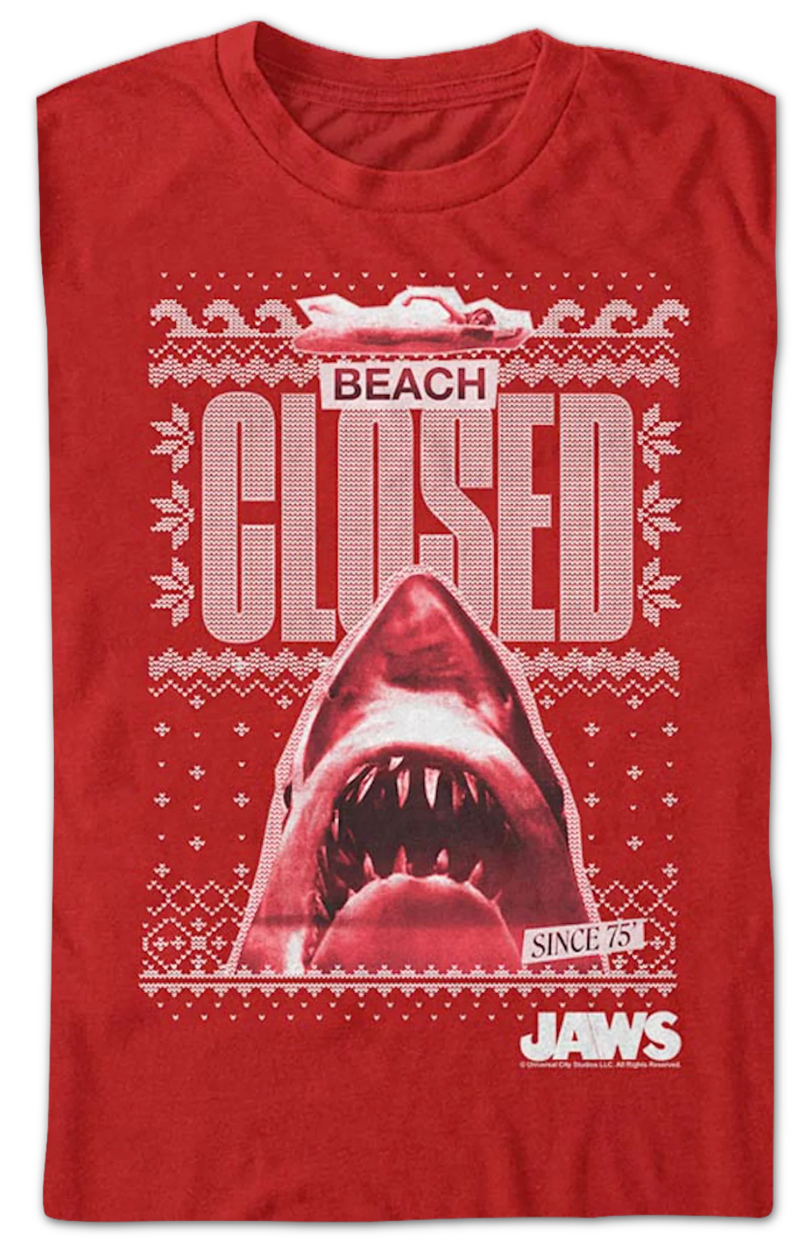 Beach Closed Faux Ugly Christmas Sweater Jaws T-Shirt - Image 2