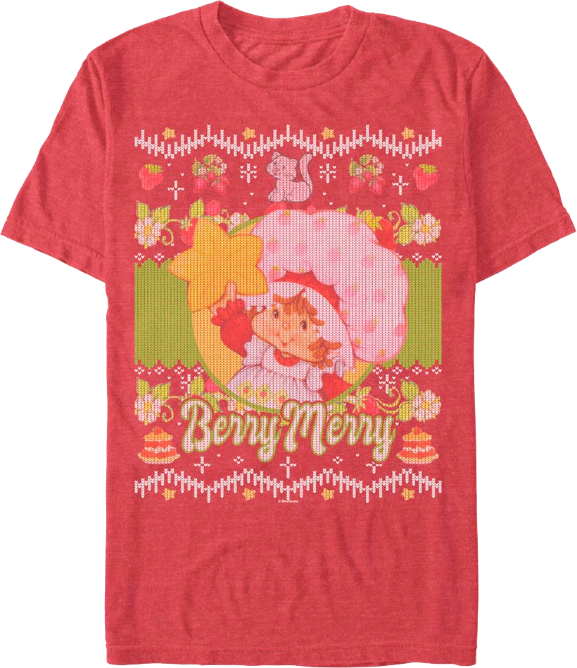 Berry Merry Faux Ugly Christmas Sweater Strawberry Shortcake T-Shirt