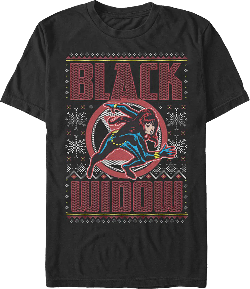 Black Widow Faux Ugly Christmas Sweater Marvel Comics T-Shirt