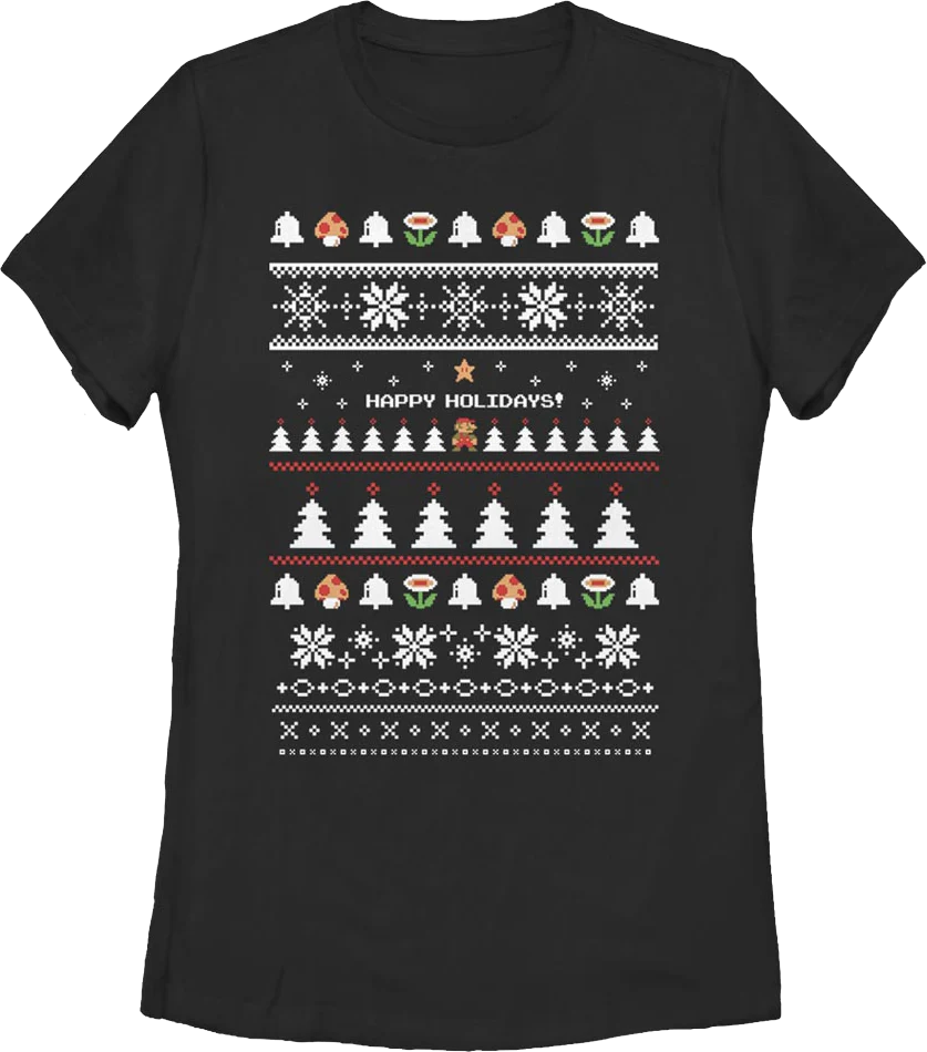 Black Womens Happy Holidays Faux Xmas Sweater Super Mario Bros. Shirt