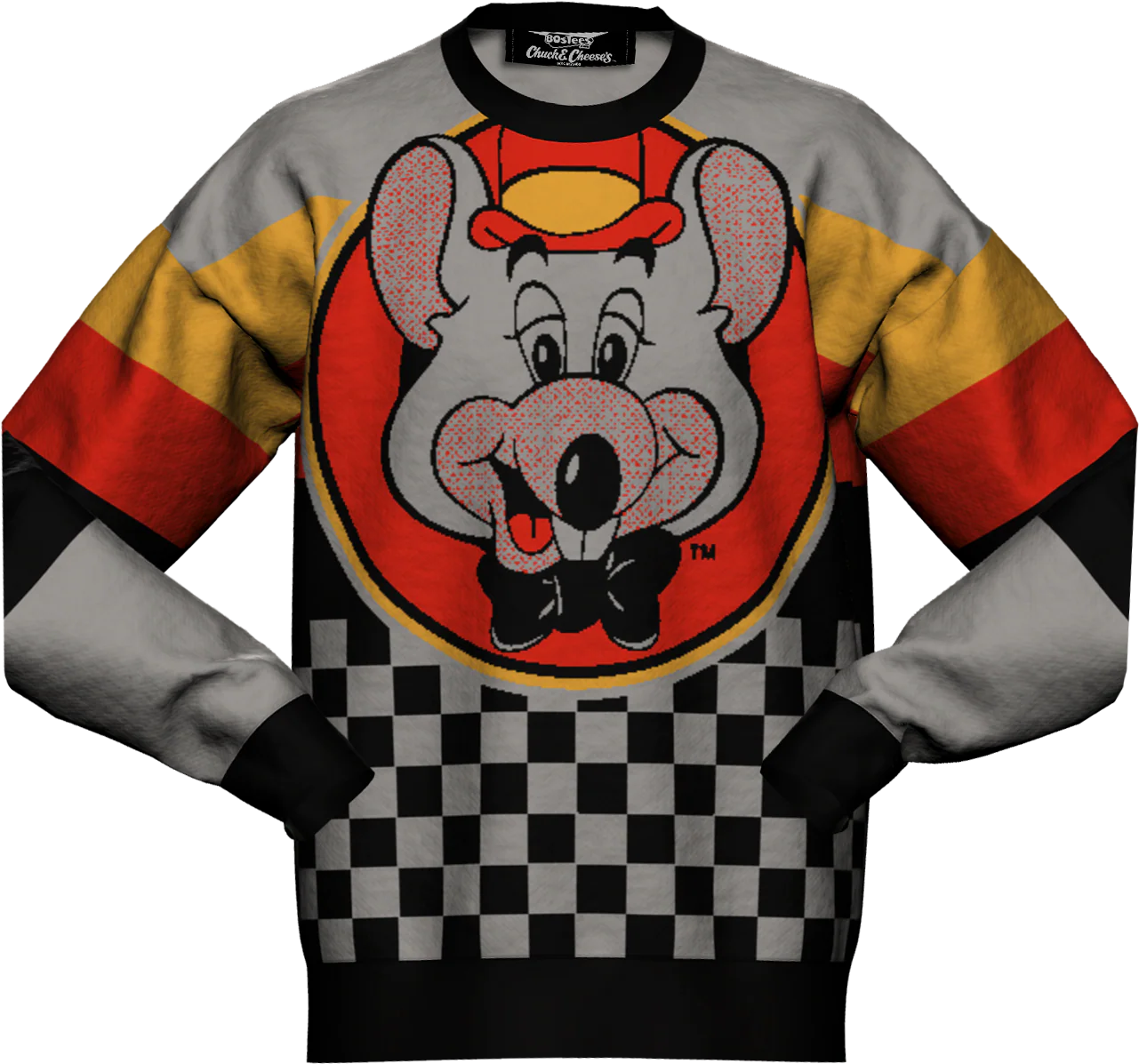 Checkerboard Character Chuck E. Cheese Knitted Sweater
