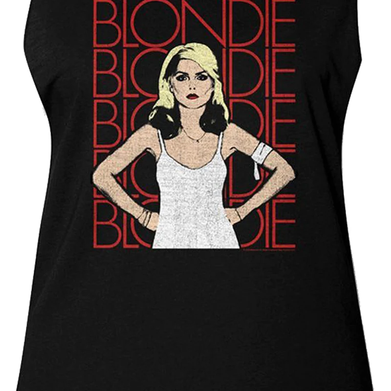Ladies Debbie Harry And Repeating Band Name Blondie Muscle Tank Top