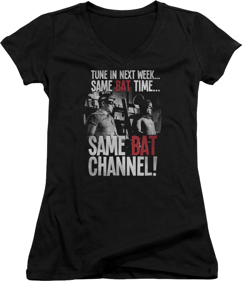 Ladies Same Bat Time Same Bat Channel Batman V-Neck Shirt