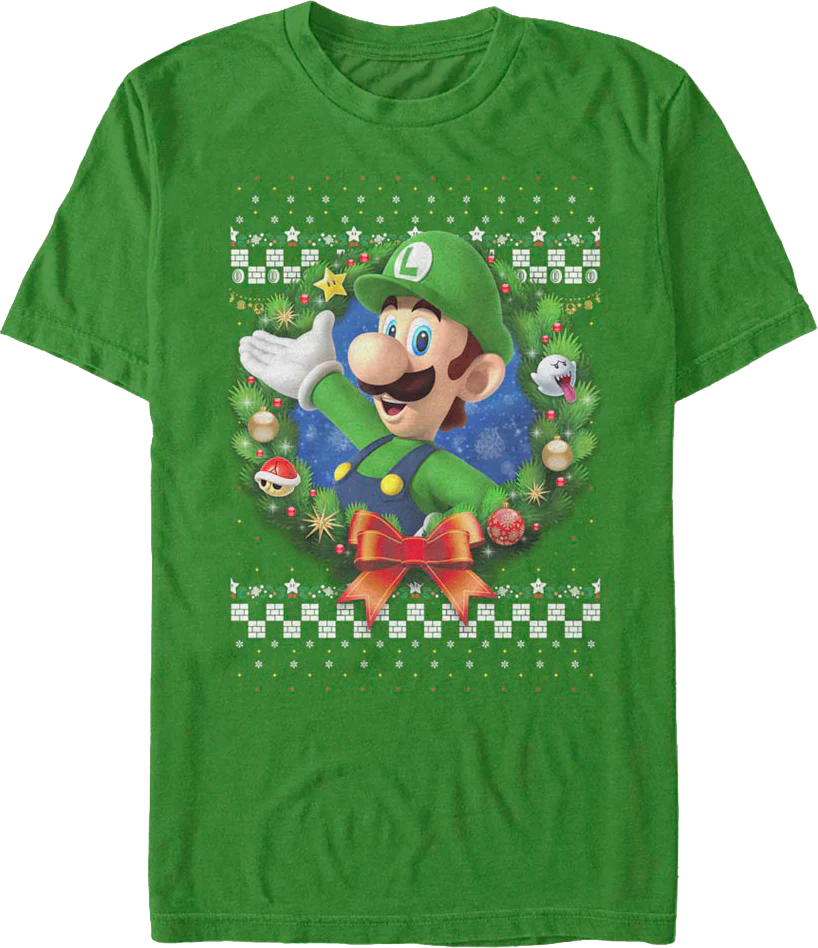 Luigi Faux Ugly Christmas Sweater Nintendo T-Shirt
