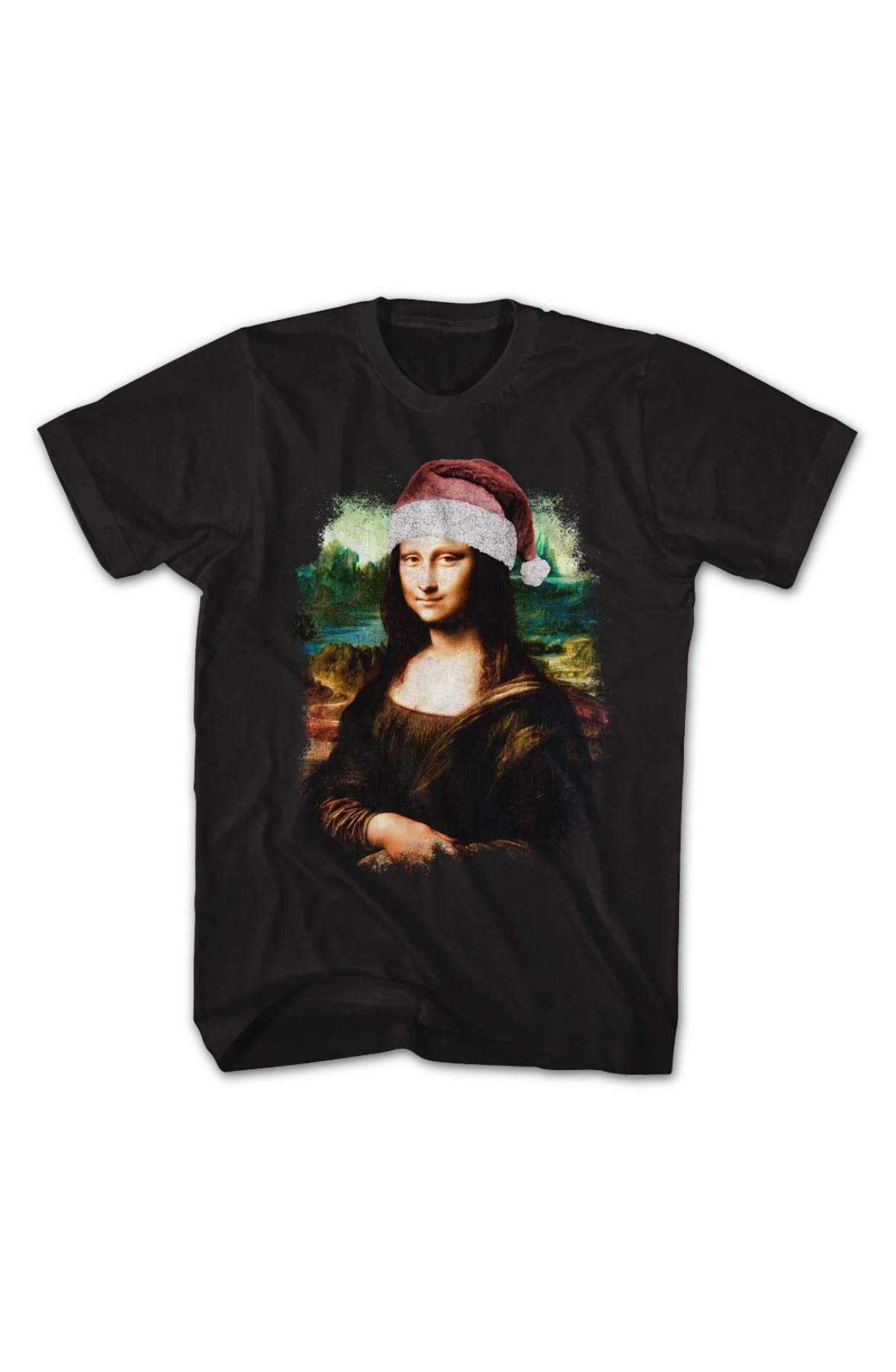 Mona Lisa In Santa Claus Hat Art Gallery T-Shirt - Image 2