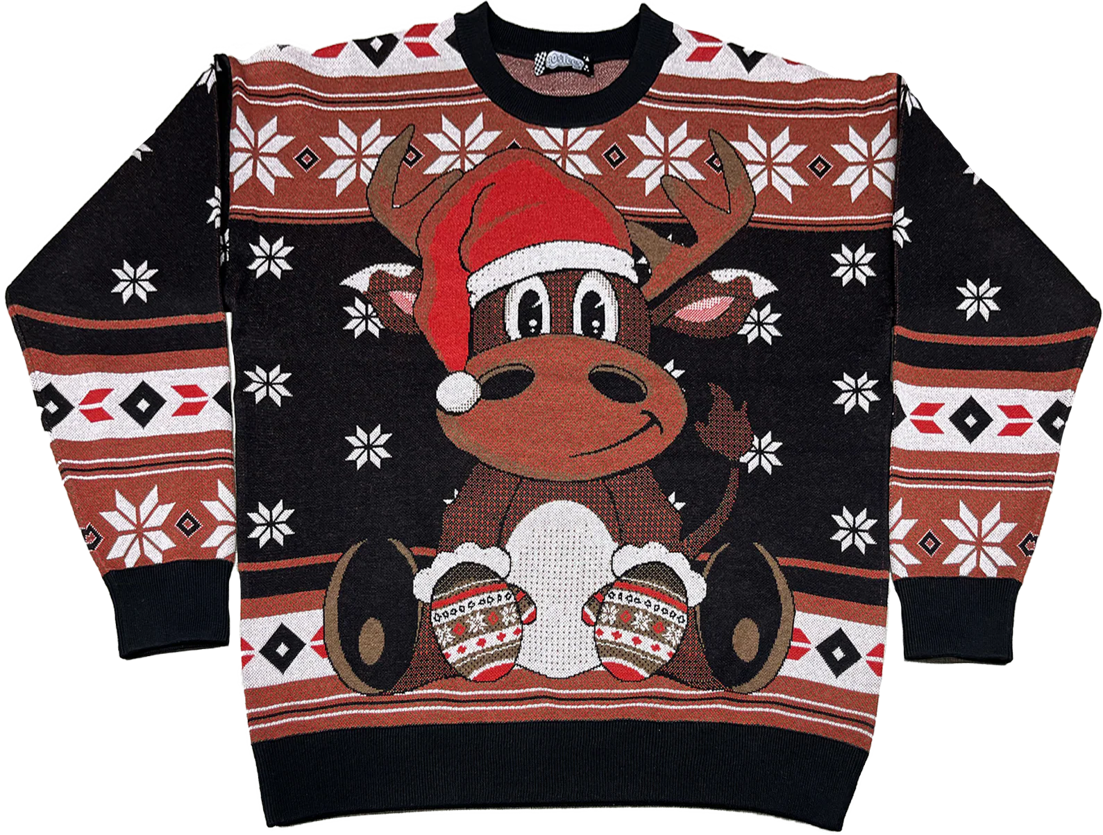 Reindeer In Santa Claus Hat Knitted Christmas Sweater