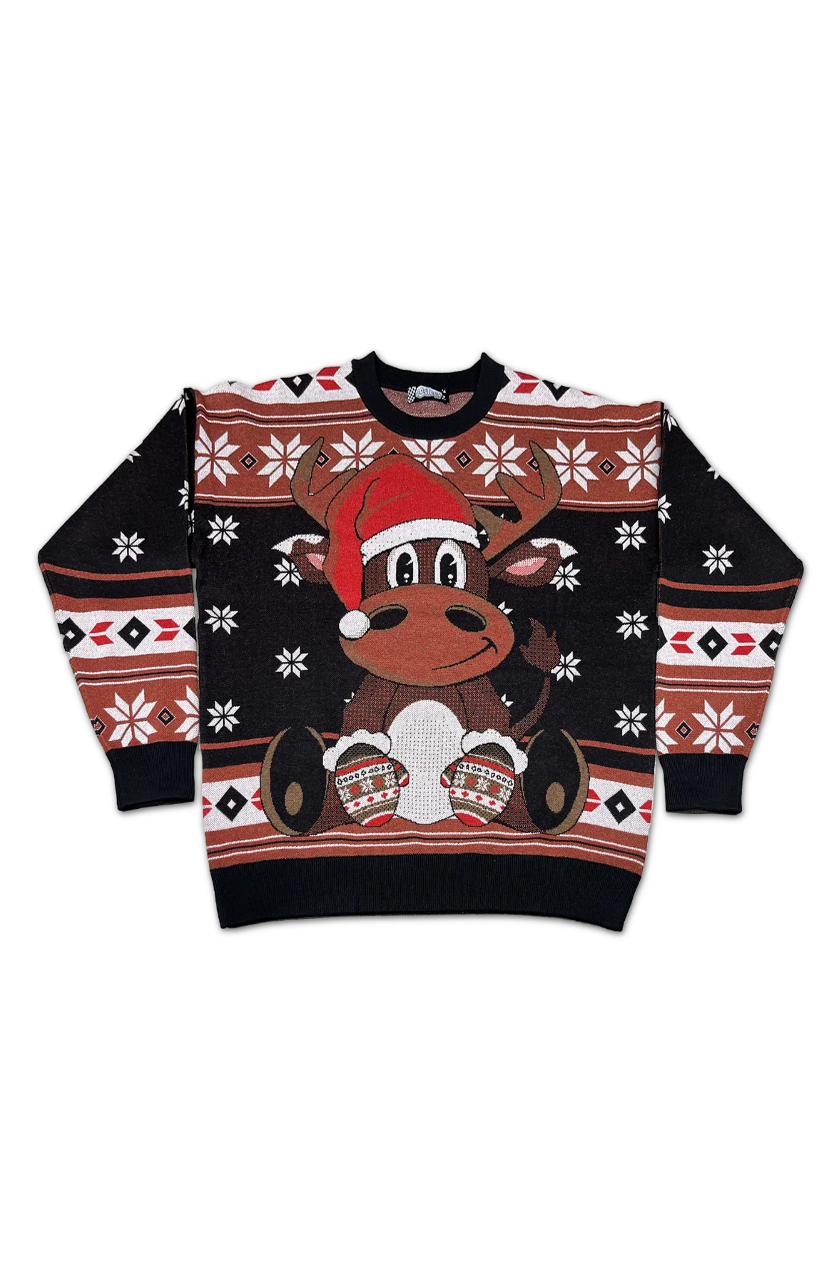 Reindeer In Santa Claus Hat Knitted Christmas Sweater - Image 2