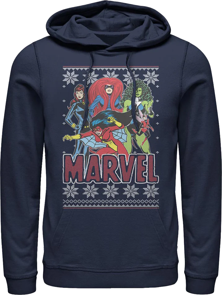 Super Heroines Faux Ugly Christmas Sweater Marvel Comics Hoodie