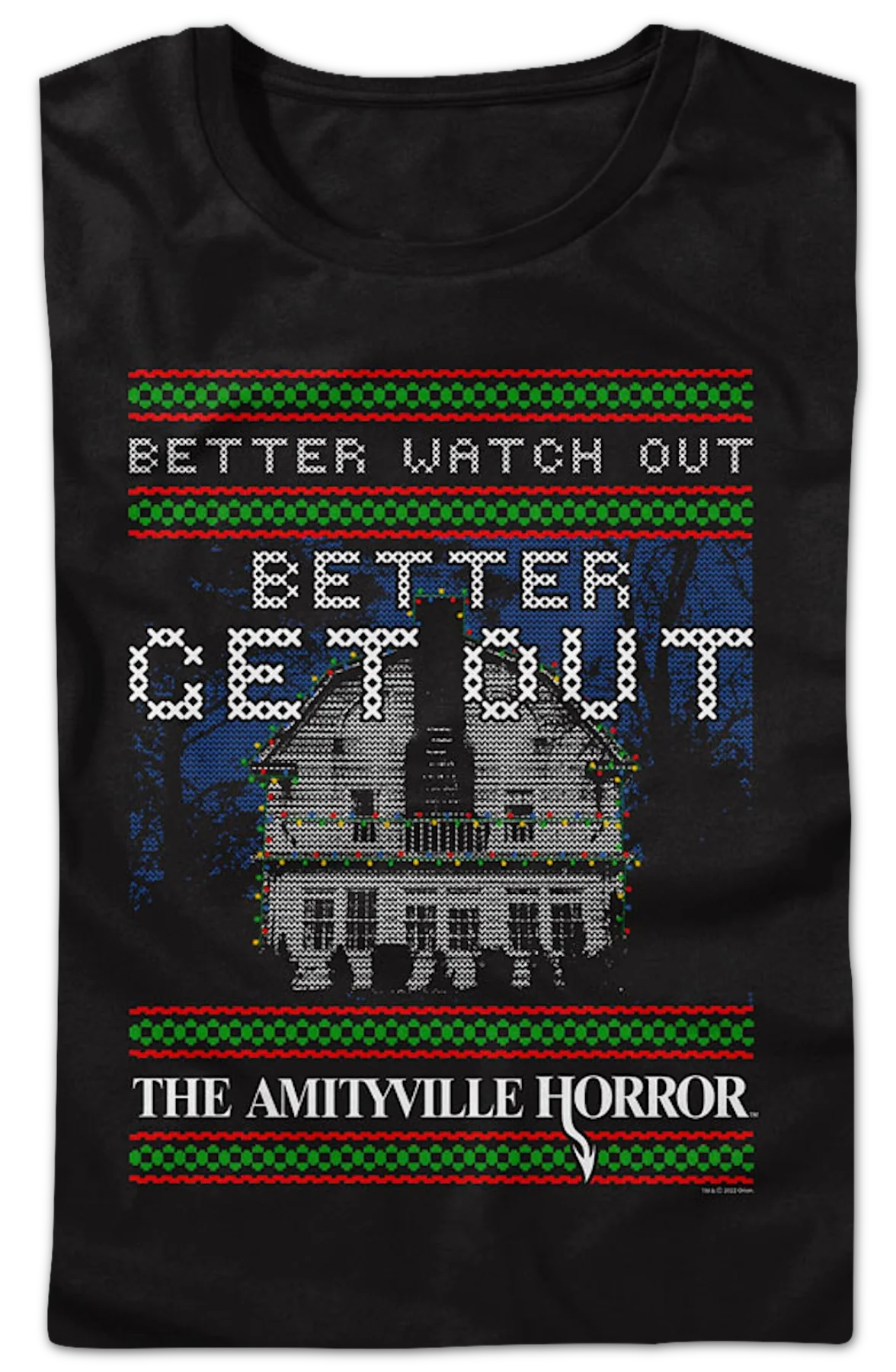 Womens Better Watch Out Faux Ugly Christmas Sweater Amityville Horror Shirt - Image 2
