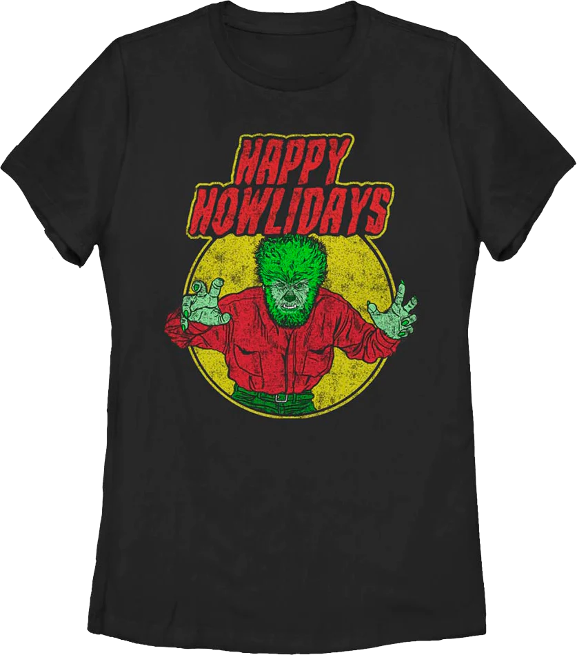 Womens Happy Howlidays Wolf Man Shirt