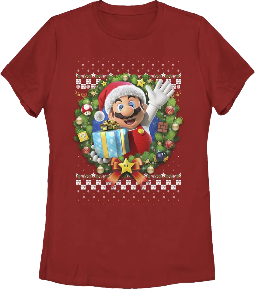 Womens Mario Christmas Wreath Nintendo Shirt