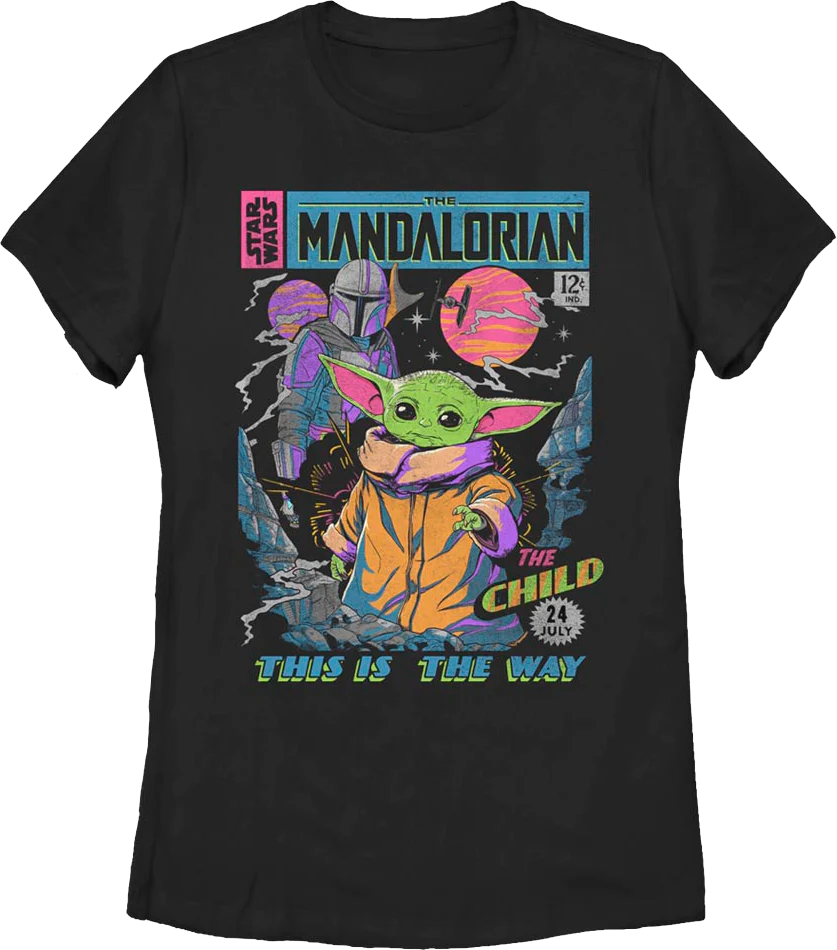 Womens Neon Mandalorian Comic Book Cover Star Wars Shirt