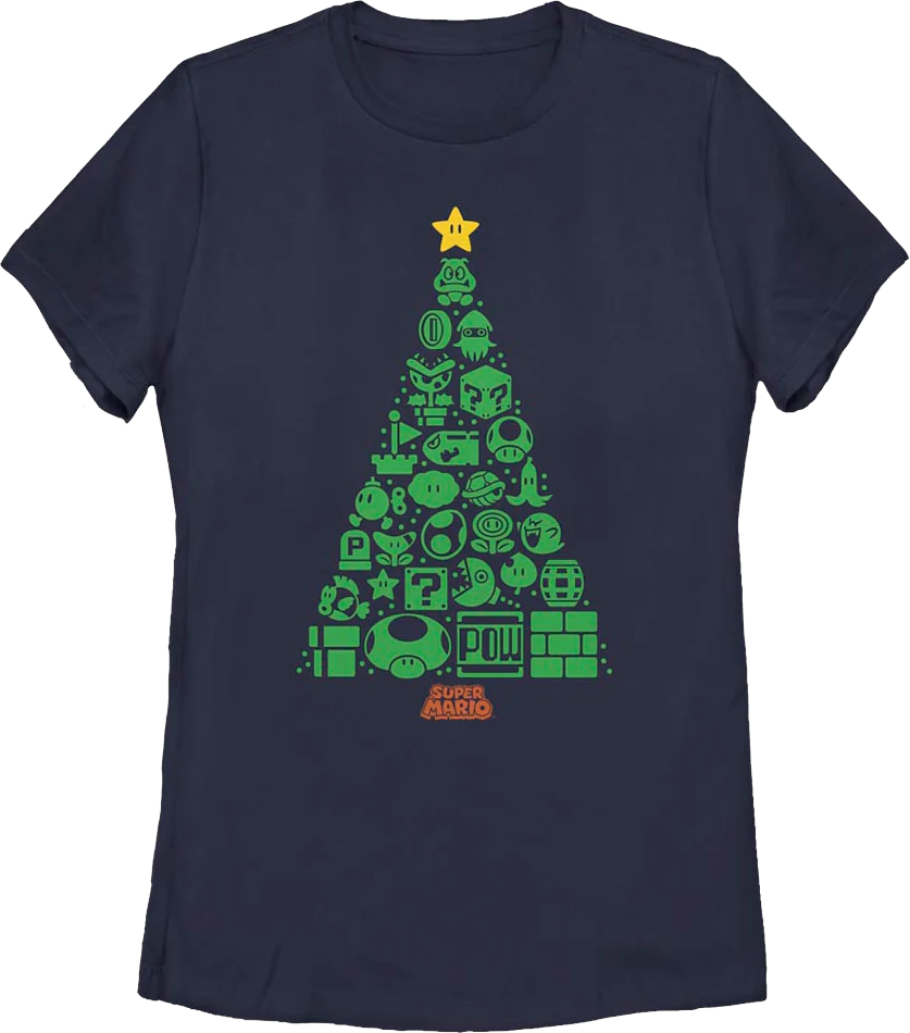 Womens Super Mario Bros. Icons Christmas Tree Nintendo Shirt